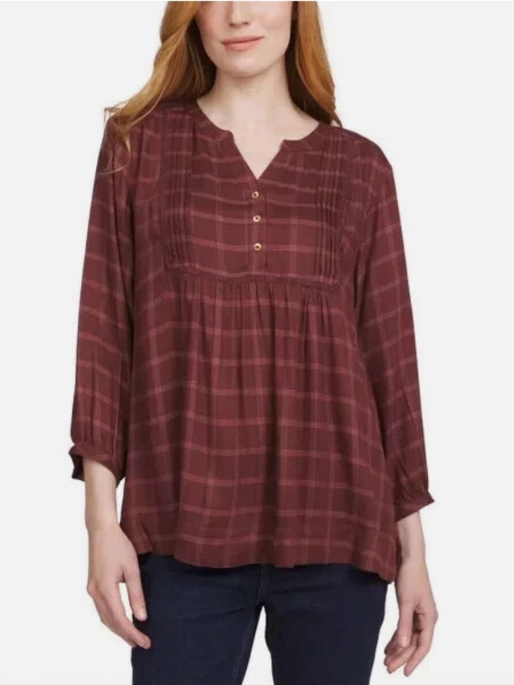 Wrangler Tunic Plaid Blouse 3/4 Sleeve Lightweight Rust Brown Viscose XL